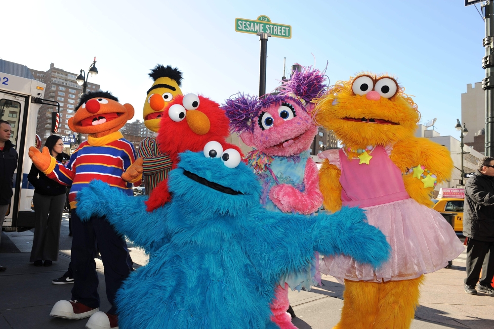 (FILES) In this file photo taken on February 04, 2010 Sesame Street Live characters (L-R) Ernie, Bert, Elmo, Abby Cadabby, Zoe and Cookie Monster (front) celebrate the renaming of the corner of 31st Street and Eighth Avenue to 