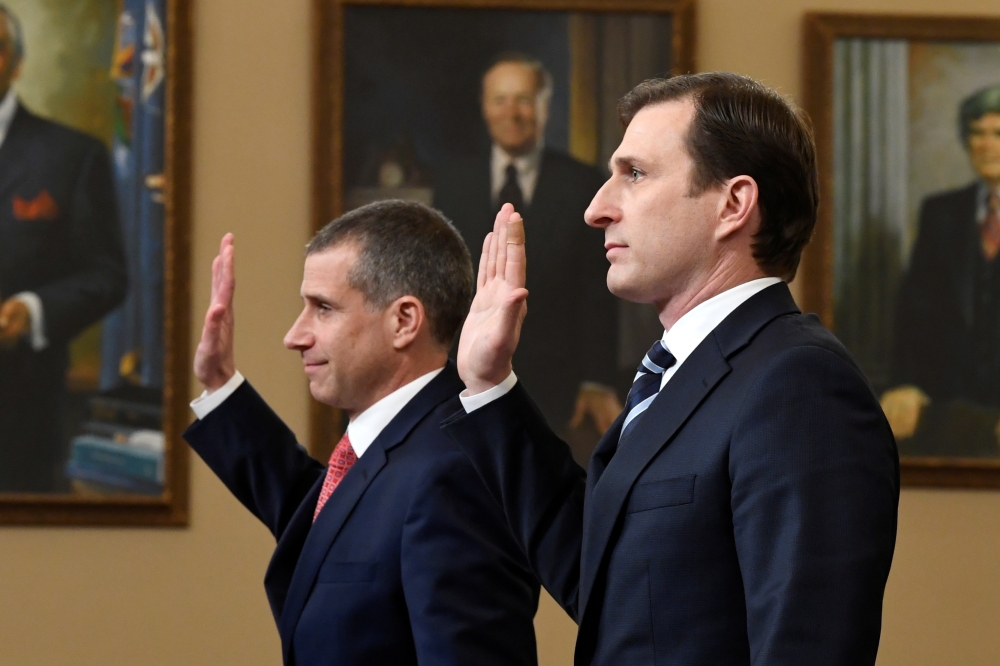 Daniel Goldman, director of investigations for the House Intelligence Committee Democrats, and Steve Castor, minority staff counsel, are sworn in at a public impeachment inquiry hearing with the House Judiciary Committee on Capitol Hill, December 9, 2019.