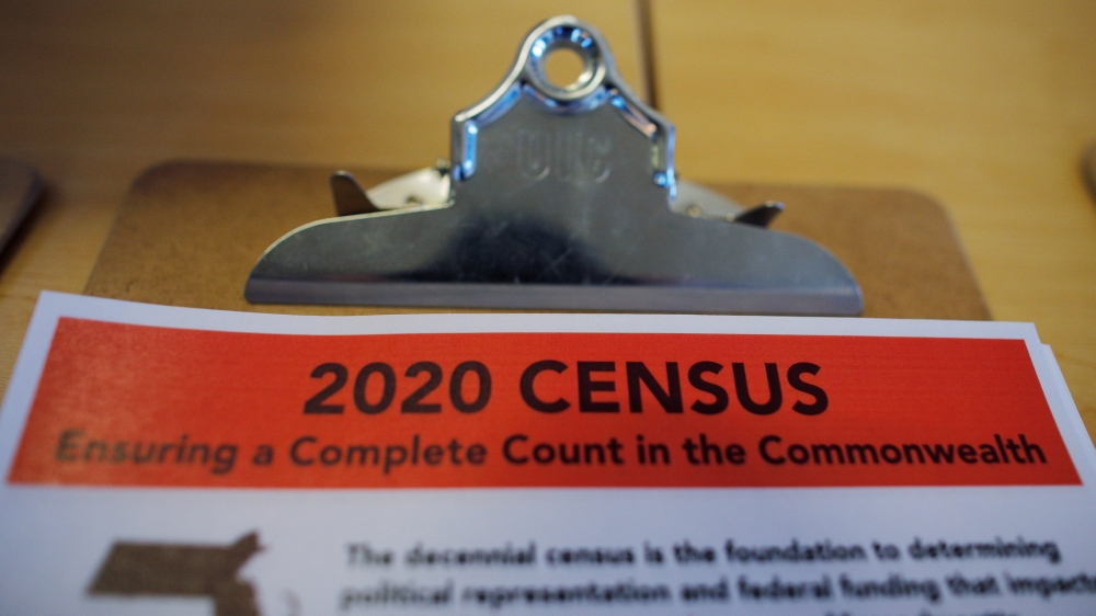 An informational pamphlet is displayed at an event to mark the one-year-out launch of the 2020 Census efforts in Boston, Massachusetts, April 1, 2019. Reuters / Brian Snyder