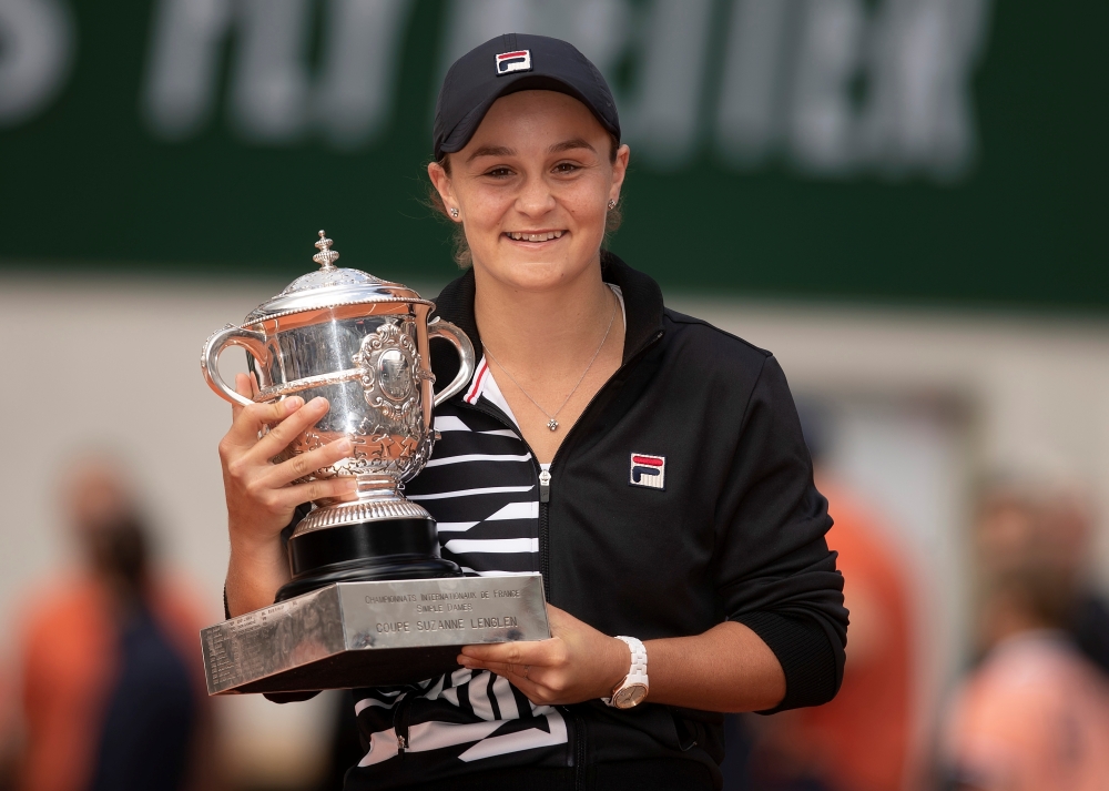  Ashleigh Barty  poses with the trophy after her match against Marketa Vondrousova  on day 14,2019 French Open . Jun 8, 2019 . Paris, France.

