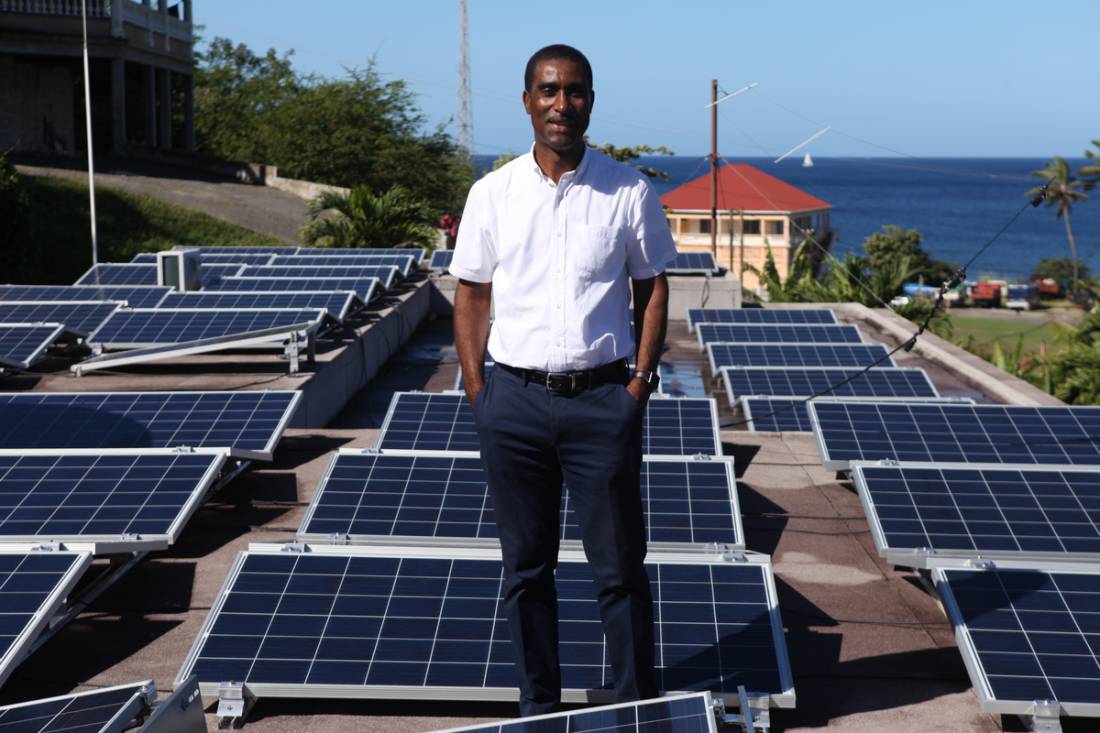 A view of rooftop solar panels installed by volunteer group Electriciens sans Frontieres in the Caribbean island of Dominica in 2018 after Hurricane Maria in 2017. Credit: UN Climate Change
