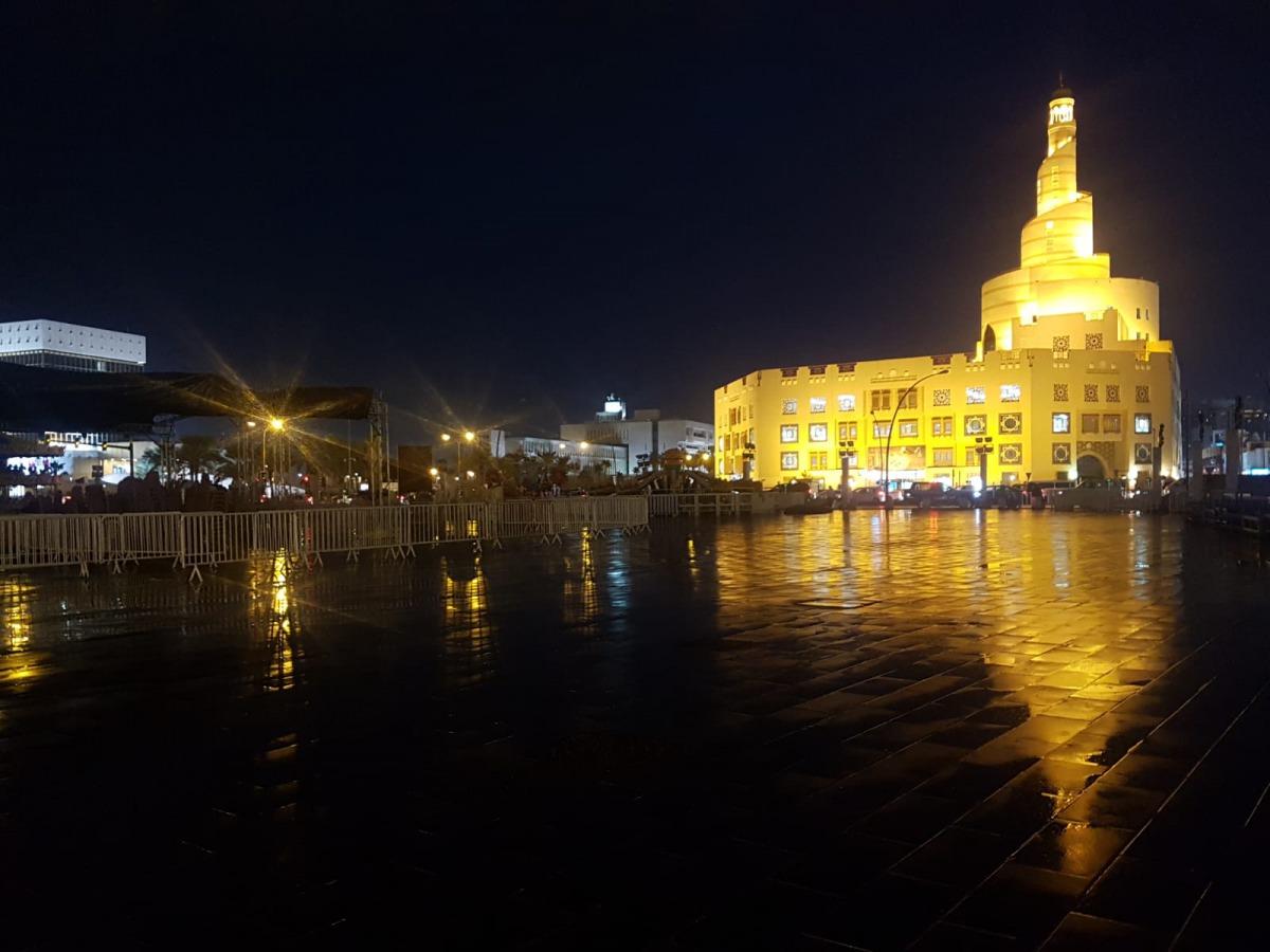 A splendid view of Abdulla Bin Zaid Al Mahmoud Islamic Cultural Center,  known as Fanar or Qatar Islamic culture center or spiral mosque, with its surrounding area drenched in rain. Pic: Abdul Basit / The Peninsula