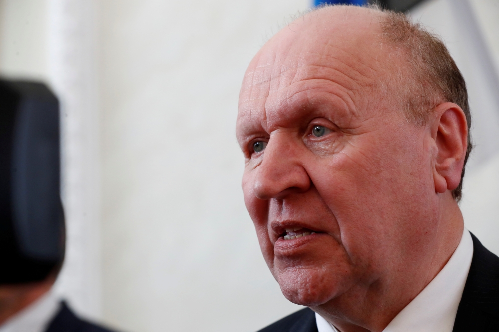 Estonia's Interior Minister Mart Helme speaks to media. Estonia. April 29, 2019. REUTERS/Ints Kalnins
