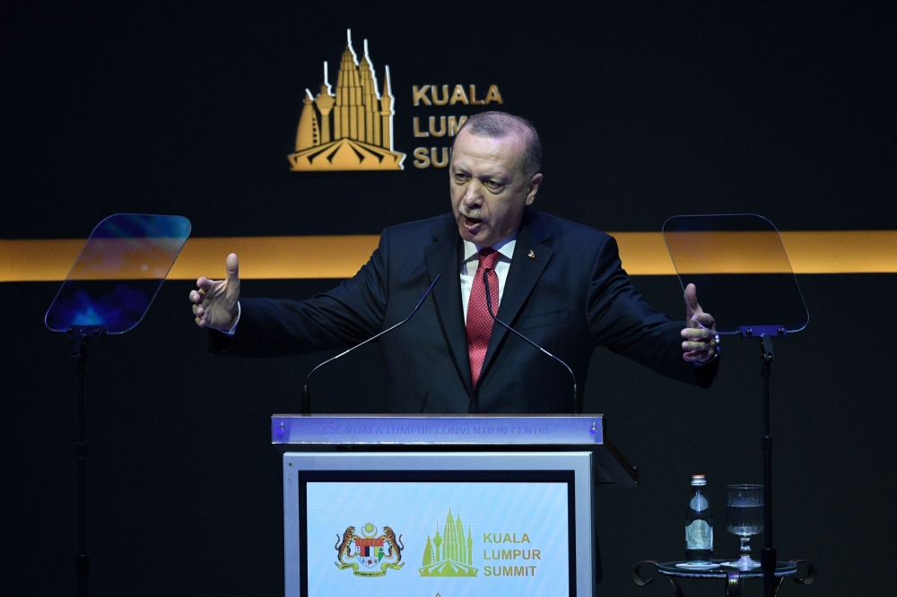 Turkey's President Recep Tayyip Erdogan delivers his speech during the opening ceremony of the Kuala Lumpur Summit in Kuala Lumpur on December 19, 2019. (AFP / Mohd RASFAN)