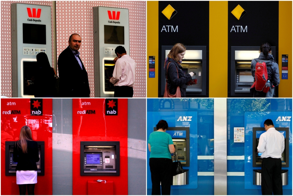 A combination of photographs shows people using automated teller machines (ATMs) at Australia's 