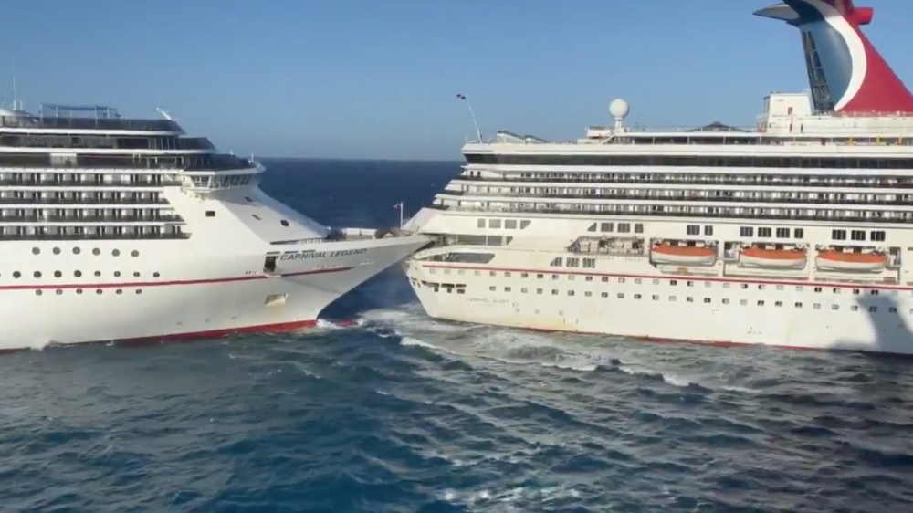 Carnival Glory cruise ship crashes into Carnival Legend at Cozumel cruise port, Mexico December 20, 2019 in this still image taken from a video obtained from social media. Matthew Bruin via Reuters