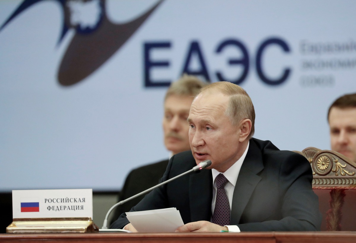 Russian President Vladimir Putin speaks during a meeting of the Supreme Eurasian Economic Council in Saint Petersburg, on December 20, 2019. AFP pool / Anatoly Maltsev 



