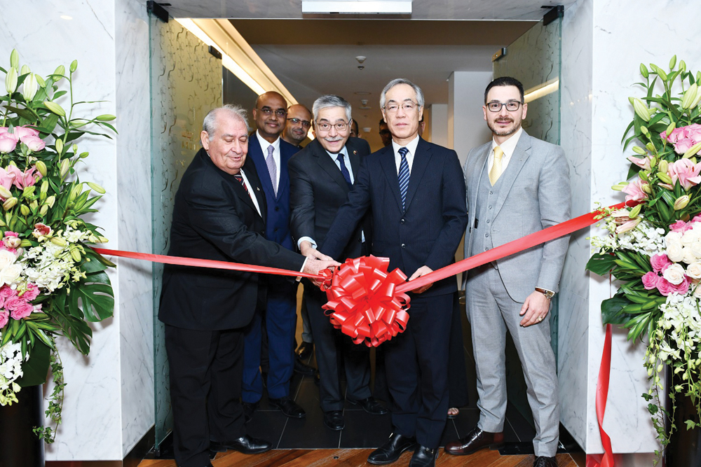 The Ambassador of Japan to Qatar, Kazuo Sunaga (second right); Ambassador of Cuba to Qatar, Emilio Caballero Rodriguez (extreme left); and Ambassador of Venezuela to Qatar, Giuseppe Angelo Yoffreda Yorio (third right) along with R.K. Murugan (second left)