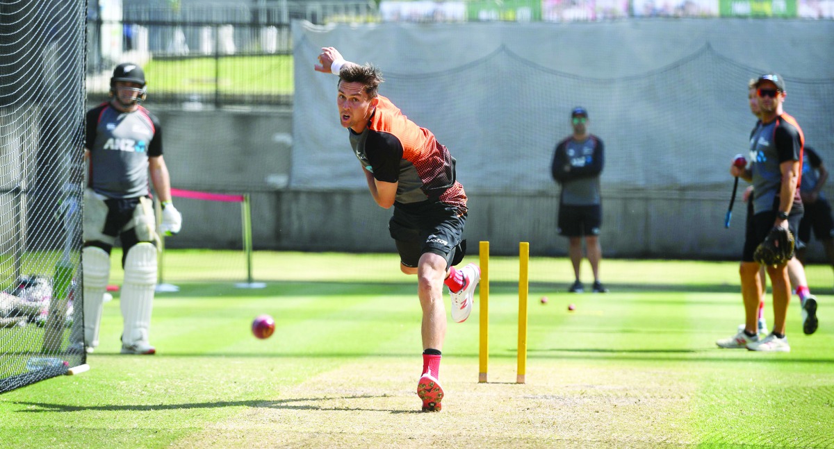 New Zealand bowler Trent Boult sends down a delivery in the nets ahead of the second cricket Test match between Australia and New Zealand in Melbourne on December 25, 2019. AFP / William West