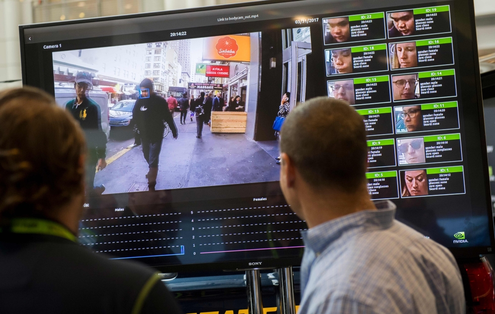 A  facial recognition system for law enforcement during the NVIDIA GPU Technology Conference. AFP  / Saul Loeb
 