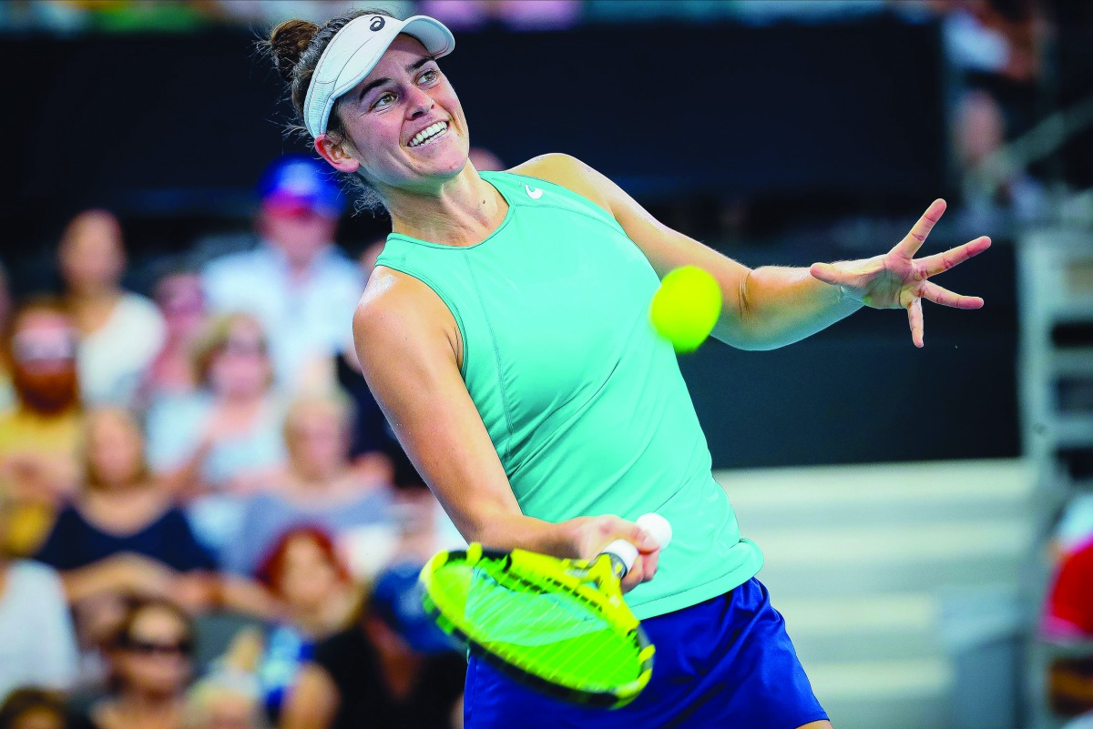 Jennifer Brady of the US celebrates her victory against Ashleigh Barty of Australia during their women's singles match at the Brisbane International tennis tournament in Brisbane on January 9, 2020. AFP / Patrick Hamilton 