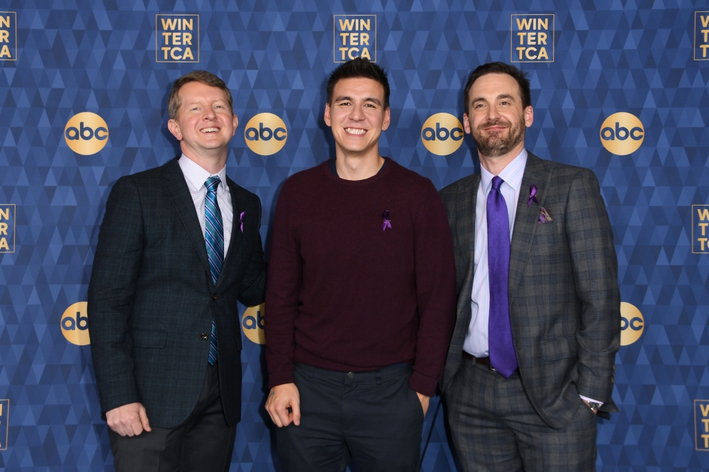The three highest-earning Jeopardy! contestants of all time Ken Jennings (L), Brad Rutter (R) and James Holzhauer attend ABC's Winter TCA 2020 Press Tour in Pasadena, California, on January 8, 2020. / AFP / Valerie Macon