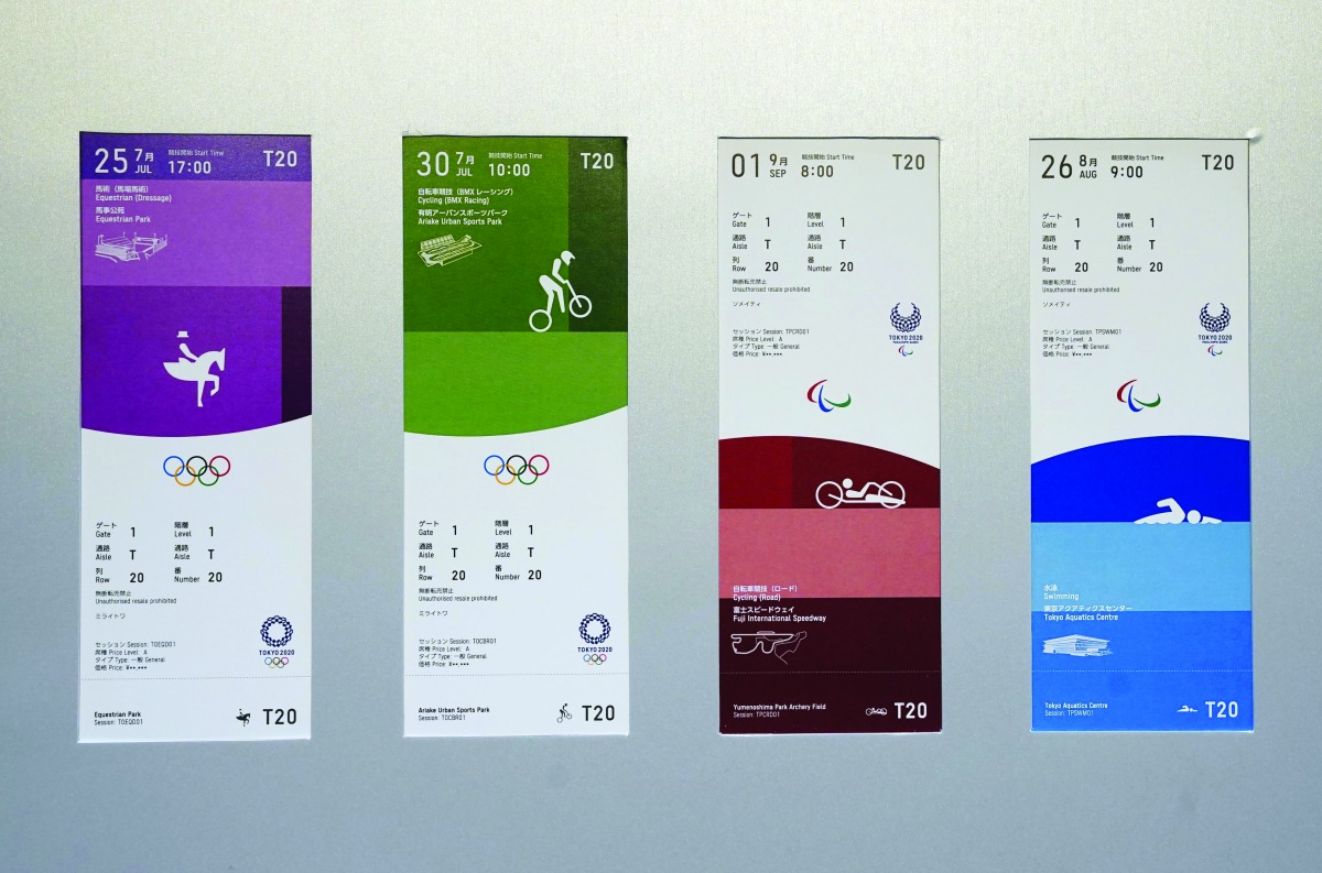 The ticket designs for the 2020 Tokyo Olympics and Paralympics are seen displayed for the media for a photo opportunity in Tokyo, Japan, January 15, 2020, in this photo taken by Kyodo. via Reuters