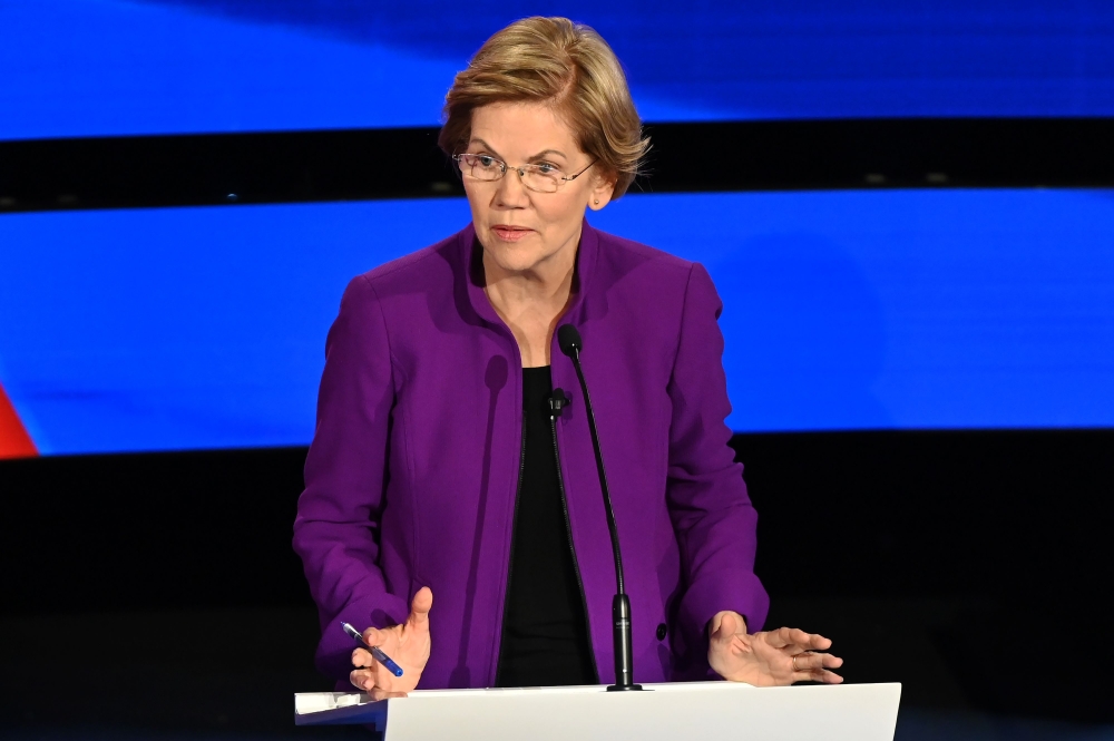 Democratic presidential hopeful Massachusetts Senator Elizabeth Warren participates of the seventh Democratic primary debate of the 2020 presidential campaign season co-hosted by CNN and the Des Moines Register at the Drake University campus in Des Moines