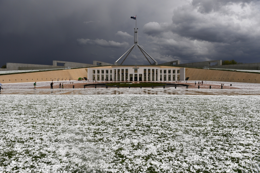 A view of golfball-sized hail after a hail storm at Parliament House in Canberra, Australia, January 20, 2020. AAP Image/Mick Tsikas/via REUTERS 