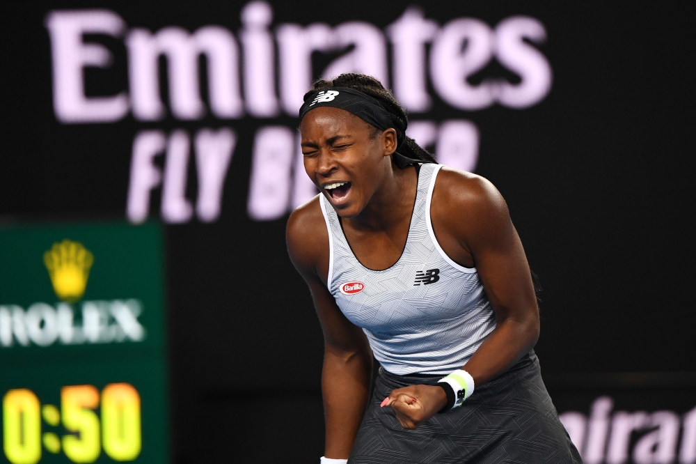 Coco Gauff of the US reacts after a point against Venus Williams of the US during their women's singles match on day one of the Australian Open tennis tournament in Melbourne on January 20, 2020. AFP / Manan Vatsyayana 