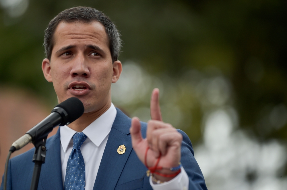 Venezuelan opposition leader Juan Guaido delivers a press conference during the III Hemispheric Ministerial Conference of Fight Against Terrorism in Bogota, on January 20, 2020. AFP / Raul ARBOLEDA
