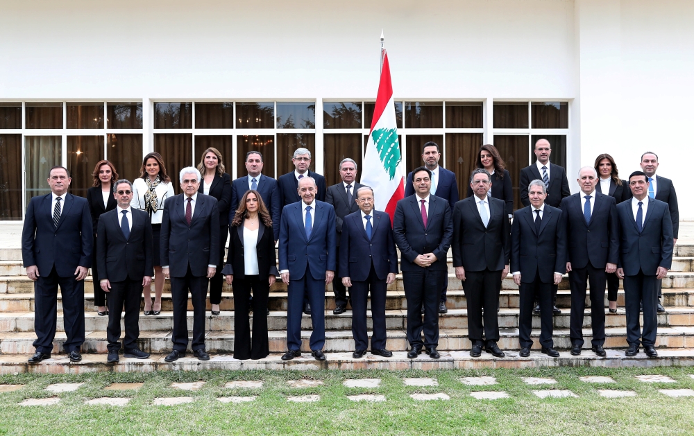 Members of the new Lebanese government pose for a picture at the presidential palace in Baabda, Lebanon January 22, 2020. Dalati Nohra/Handout via Reuters