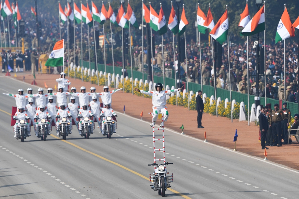 Central Reserve Police Force (CRPF) women motorcycle team members perform during the Republic Day parade in New Delhi on January 26, 2020. AFP / Prakash Singh