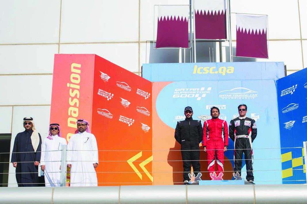 Podium winners are seen with Abdulrahman Al Mannai, QMMF President, Abdulrazak Al Kuwari, QMMF General Secretary, and Khalid Al Remaihi who is the LCSC Vice President and General Manager.