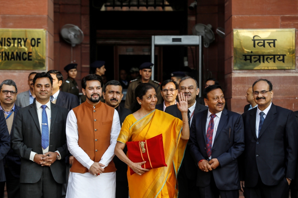 India's Finance Minister Nirmala Sitharaman holds budget papers as she leaves her office to present the federal budget in the parliament in New Delhi, India, Feb. 1, 2020. Reuters/Anushree Fadnavis