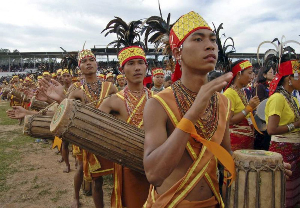 A group of Garo tribal men beat drums to establish a new world record of drum assembles at Shillong, the capital of India's northeastern state of Meghalaya, October 28, 2006. Reuters/Utpal Baruah