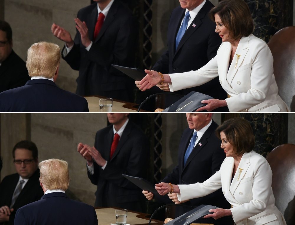 This combination of pictures created on February 04, 2020 shows Speaker of the US House of Representatives Nancy Pelosi extending a hand to US president Donald Trump ahead of the State of the Union address at the US Capitol in Washington, DC, on February 