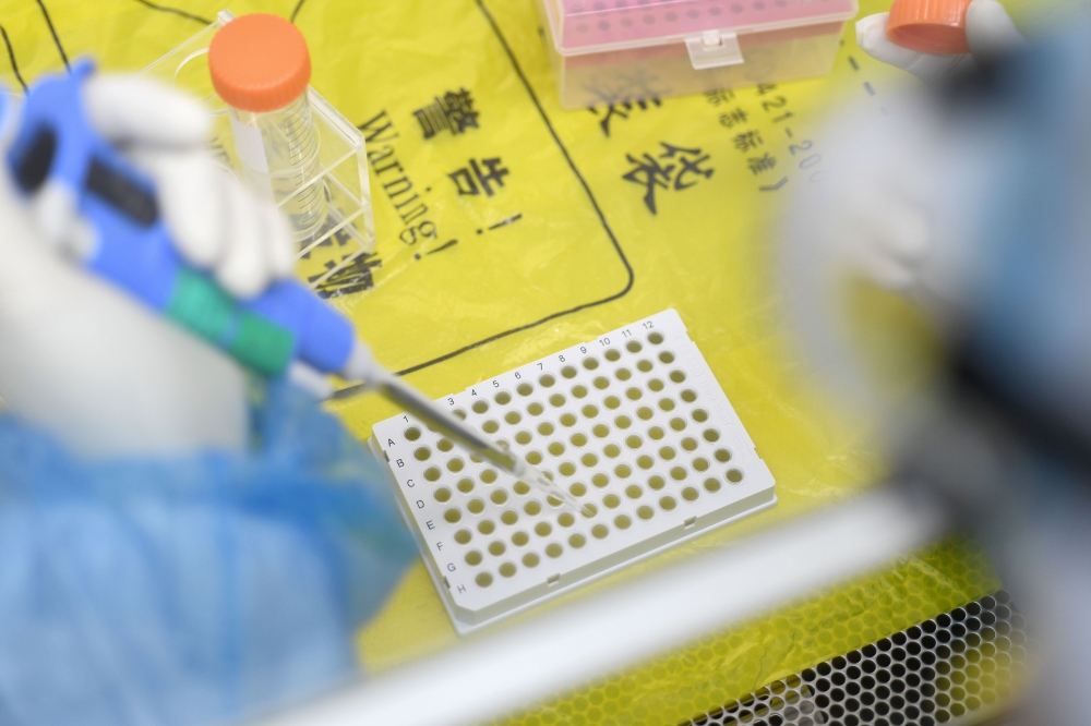 This photo taken on February 6, 2020 shows a laboratory technician working on samples from people to be tested for the new coronavirus at 