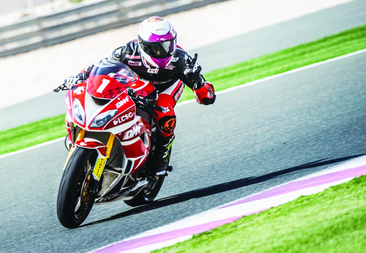 Saeed Al Sulaiti celebrates after securing the Superpole in Qatar Superstock 600 at Losail International Circuit, yesterday.