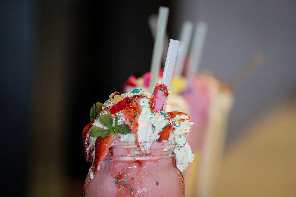 Milkshakes are seen on the counter at Gibson's restaurant, recently recognised by the Guinness World Records as having the 
