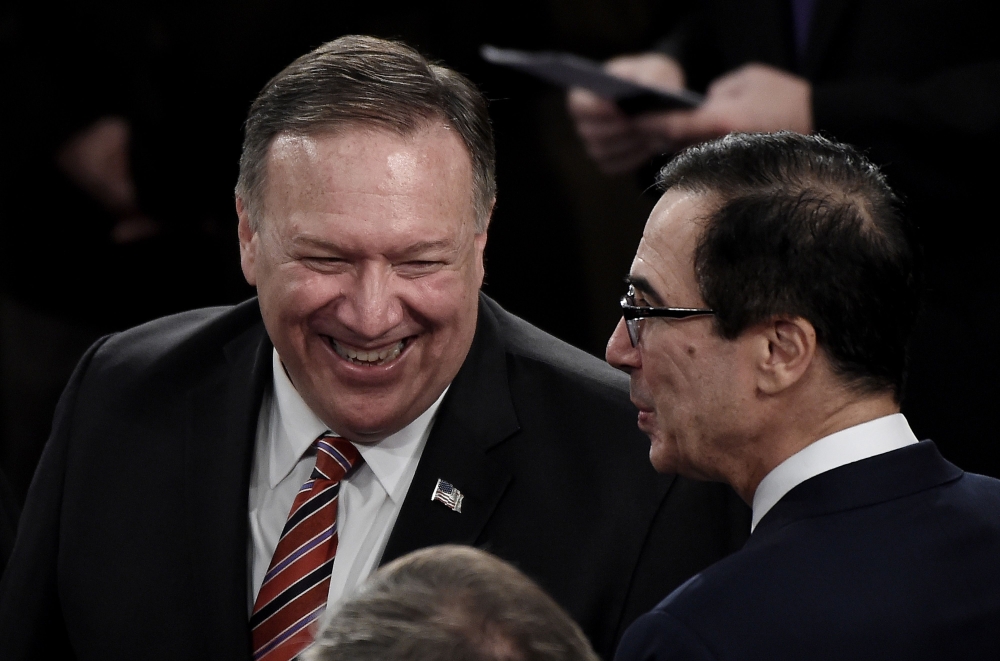 Secretary of State Mike Pompeo and US Treasury Secretary Steven Mnuchin attend State of the Union address at the US Capitol Building on February 4, 2020 in Washington, DC. AFP / Olivier Douliery
 