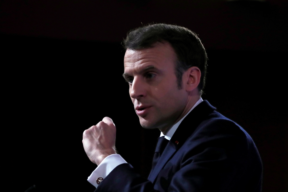French President Emmanuel Macron delivers a speech about a EU defence strategy, at the Ecole Militaire, in Paris, France February 7, 2020. Francois Mori/Pool via Reuters 
 