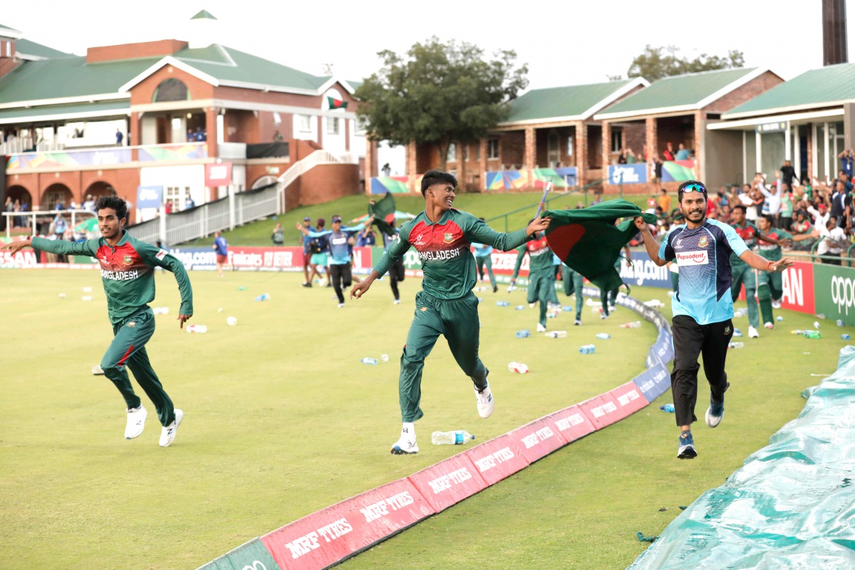 Bangladesh cricket players react after winning the ICC Under-19 World Cup cricket finals between India and Bangladesh at the Senwes Park, in Potchefstroom, on February 9, 2020. AFP / Michele Spatari
