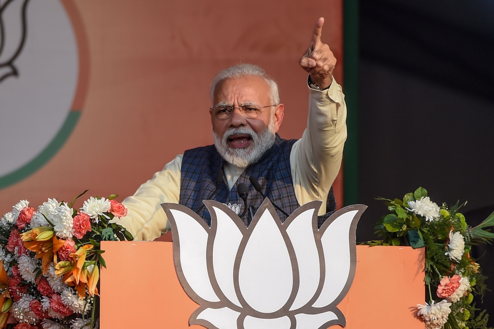 In this photo taken on February 3, 2020, India's Prime Minister and Bharatiya Janata Party (BJP) leader Narendra Modi gestures as he speaks during a rally for the upcoming Delhi state elections in New Delhi. AFP / Money SHARMA 