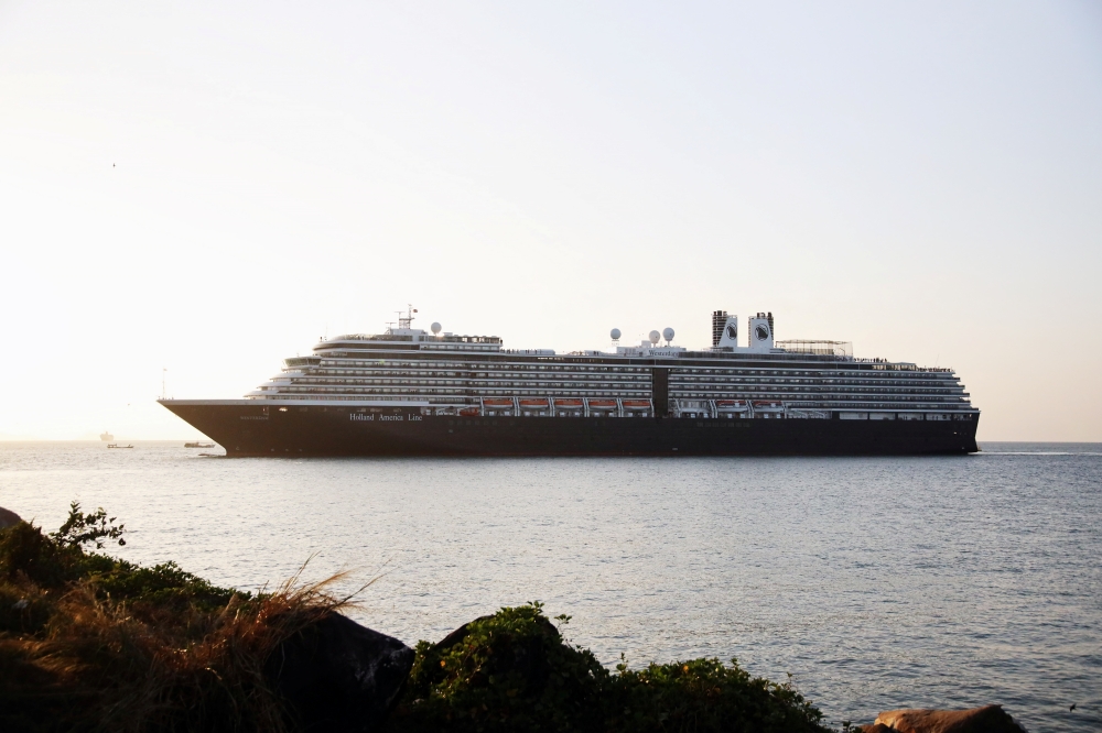 MS Westerdam cruise ship is moored at port in Sihanoukville, where it has been granted permission to dock following nearly two weeks at sea after being turned away by five countries over coronavirus fears, Cambodia February 13, 2020. Reuters/Juarawee Kitt