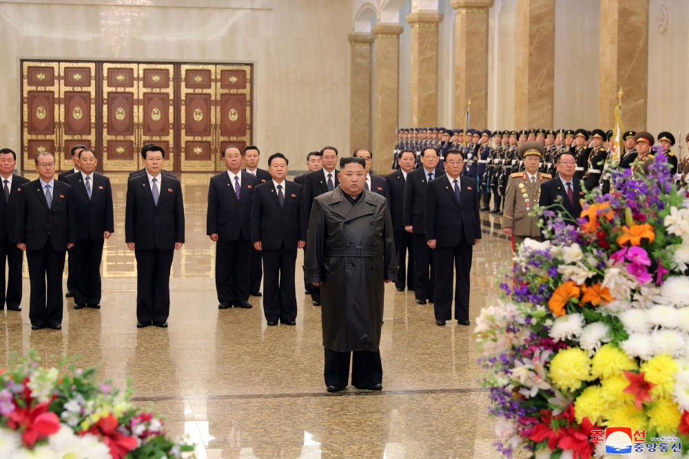North Korean leader Kim Jong Un visits his father and former leader Kim Jong Il's mausoleum to mark the anniversary of the late leader's birth, in this undated photo released by North Korea's Central News Agency (KCNA) on February 15, 2020. KCNA/via REUTE