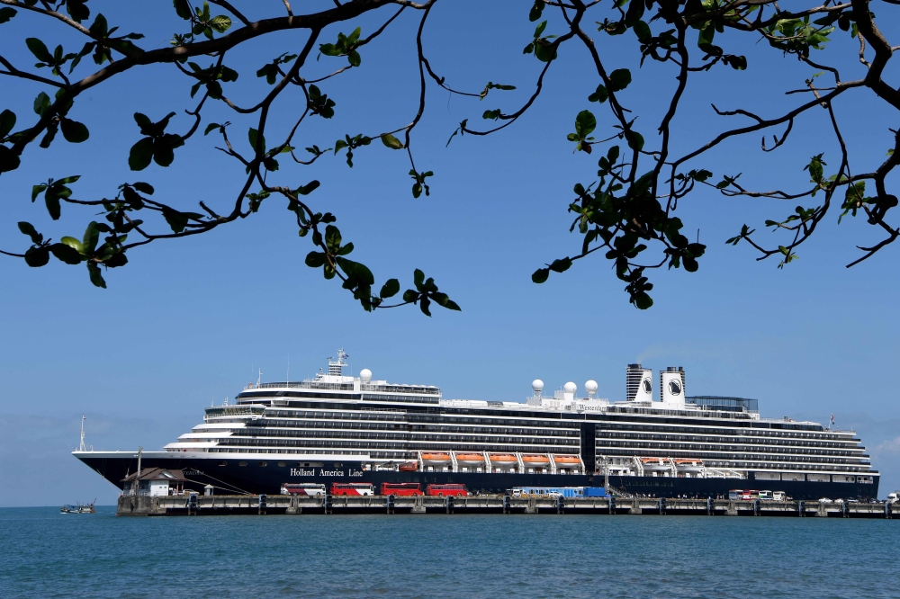 A general view of the Westerdam cruise ship docked at Sihanoukville port on February 15, 2020. AFP / Tang Chhin Sothy