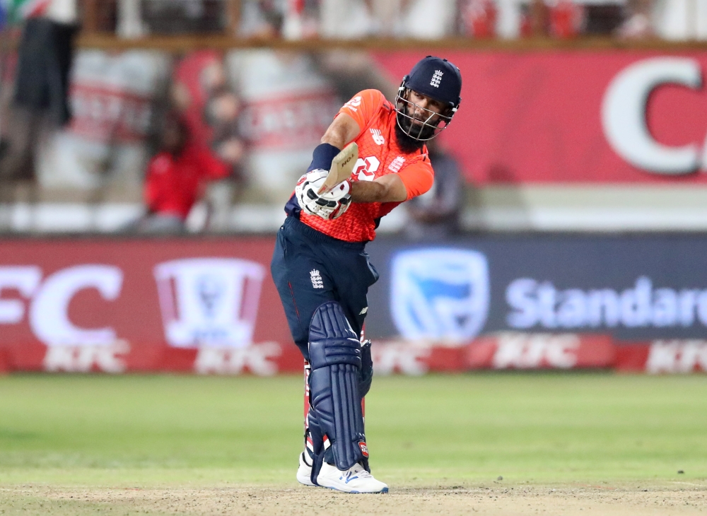 England's Moeen Ali bats during the 2nd T20 International Cricket match between South Africa and England held at the Hollywood bets Kingsmead Stadium in Durban on 14 February 2020. / AFP / Anesh Debiky