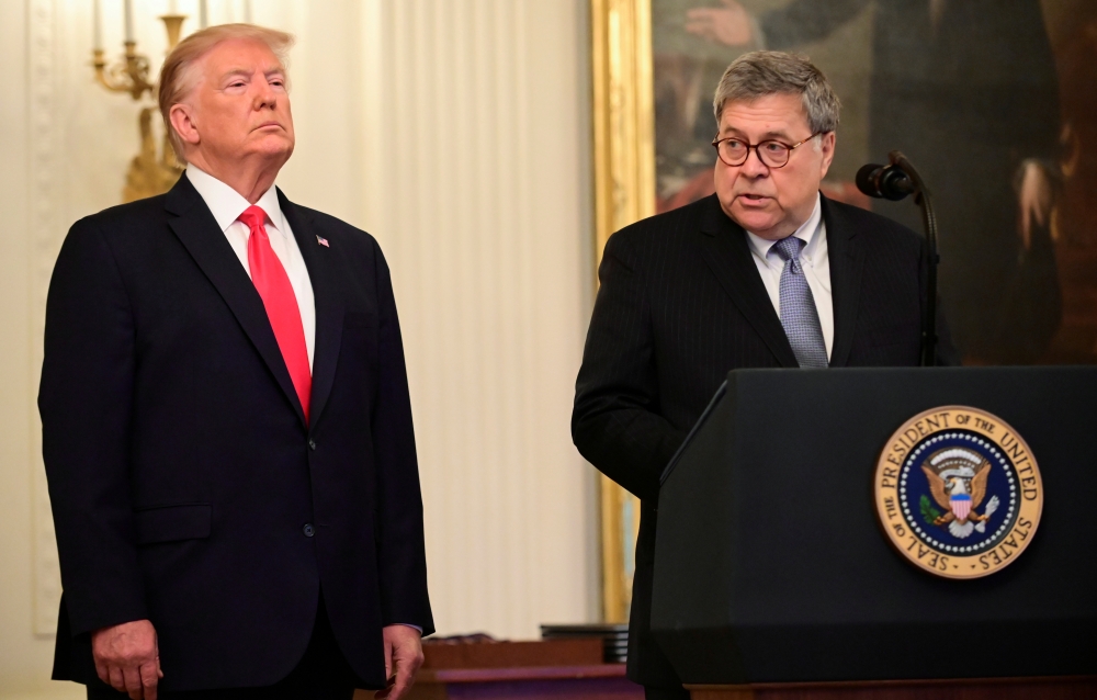 US President Donald Trump and Attorney General William Barr participate in a presentation ceremony of the Medal of Valor and heroic commendations to civilians and police officers who responded to mass shootingsin Dayton, Ohio and El Paso, Texas during a c