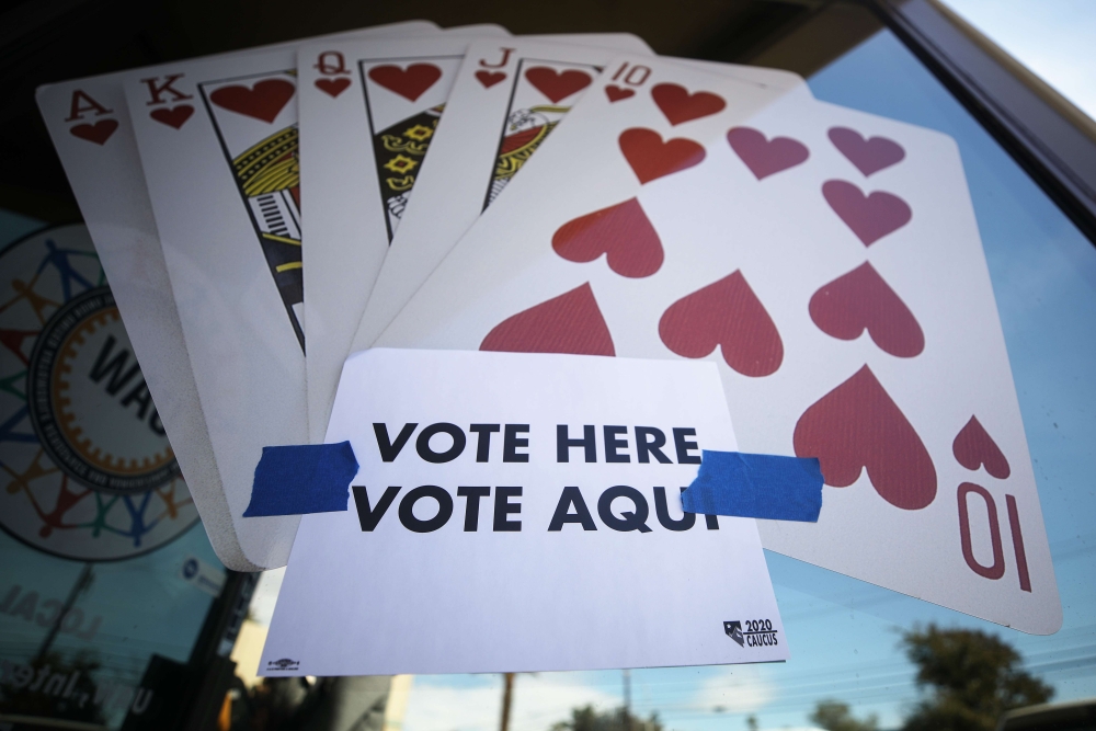  A 'Vote Here' sign is posted on the final day of early voting for the upcoming Nevada Democratic presidential caucus on February 18, 2020 in Las Vegas, Nevada. Mario Tama/Getty Images/AFP