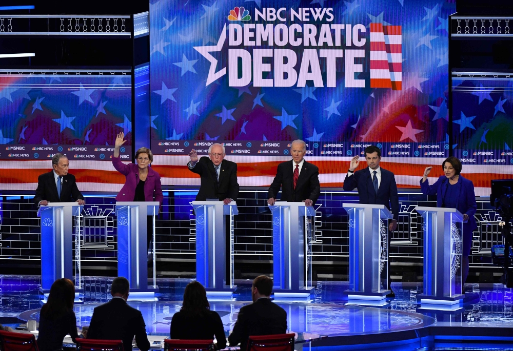 (L-R) Democratic presidential hopefuls Former New York Mayor Mike Bloomberg, Massachusetts Senator Elizabeth Warren, Vermont Senator Bernie Sanders, Former Vice President Joe Biden, Former mayor of South Bend, Indiana, Pete Buttigieg and Indiana Senator A