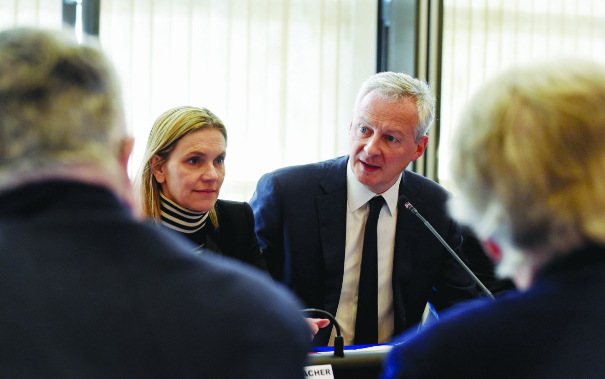 French Economy and Finance Minister Bruno Le Maire (R) and French Junior Minister for Economy and Finance Agnes Pannier-Runacher attend a meeting about the economic impact of the new Coronavirus Covid-19 outbreak, at the Economy Ministry in Paris on Febru