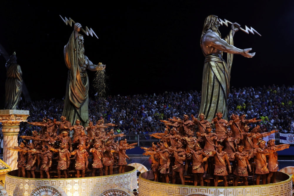 Revellers from Gavioes da Fiel samba school perform during the second night of the Carnival parade at the Sambadrome in Sao Paulo, Brazil, February 23, 2020. REUTERS/Amanda Perobelli