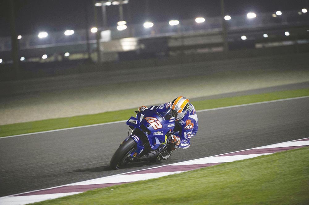 MotoGP rider Alex Rins (Team Suzuki Ecstar) in action during a pre-season testing session held under lights at Losail International Circuit last night. The three-day pre-season testing will end tomorrow with entry to the circuit free for fans, organisers
