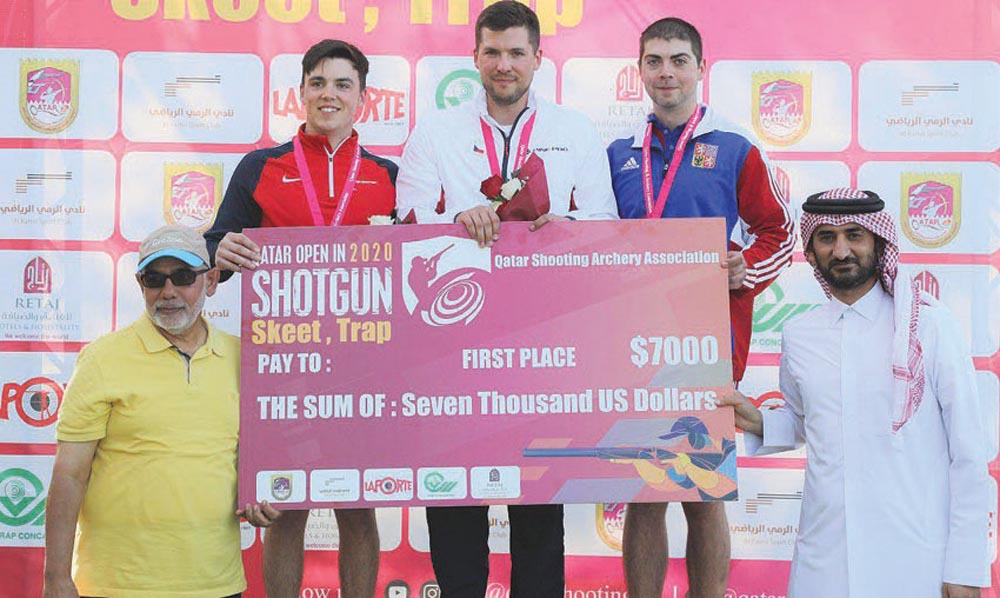 Jakub Tomecek of Czech Republic, winner in Skeet category of the Qatar Open Shotgun championship, poses for a picture with second place finisher Ben Llewellin of Great Britain and compatriot Milos Slavicek at the Losail Shooting Range yesterday.
