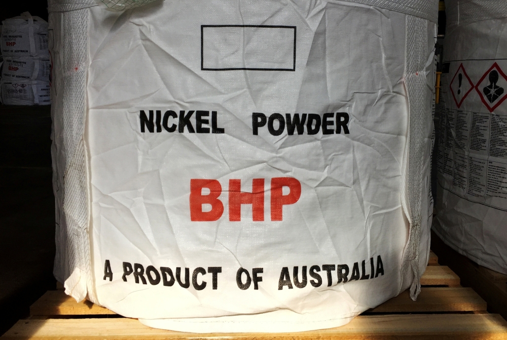 A tonne of nickel powder made by BHP Group sits in a warehouse at its Nickel West division, south of Perth, Australia August 2, 2019. Reuters/Melanie Burton