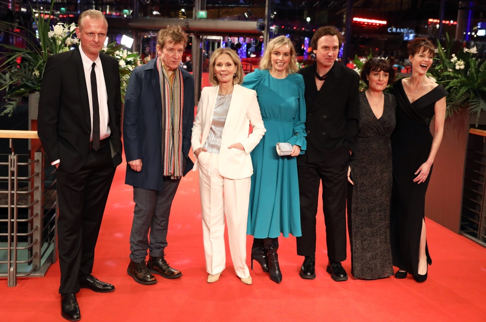 Directors Stephanie Chuat and Veronique Reymond pose with actors Nina Hoss, Lars Eidinger, Marthe Keller, Jens Albinus and Thomas Ostermeie as they arrive for the screening of the movie