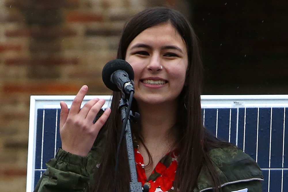 British conservationist and environmental activist Mya-Rose Craig, known as BirdGirl, addresses a 