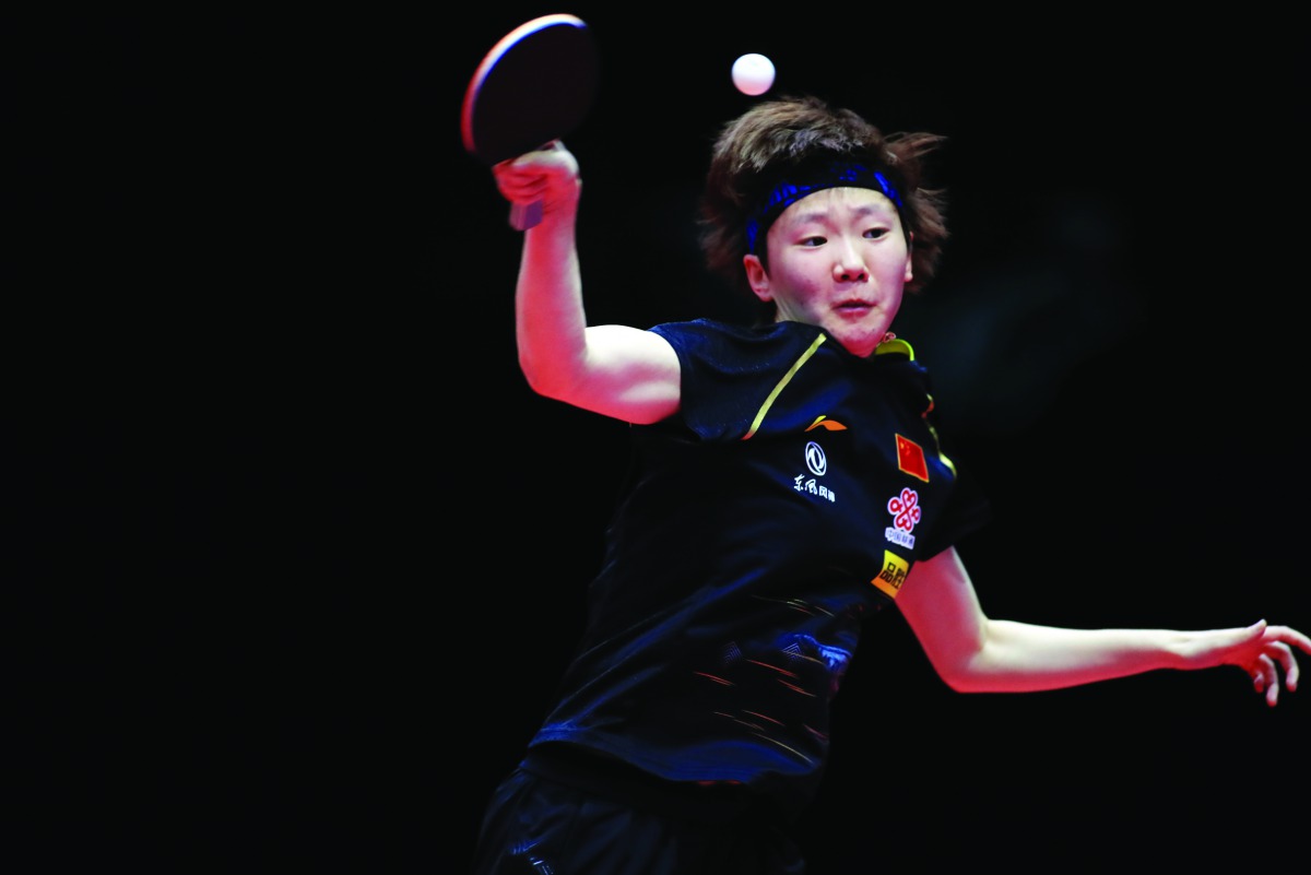 Defending champion, Wang Manyu of China in action at Aspire Academy yesterday. Photo Courtesy: ITTF