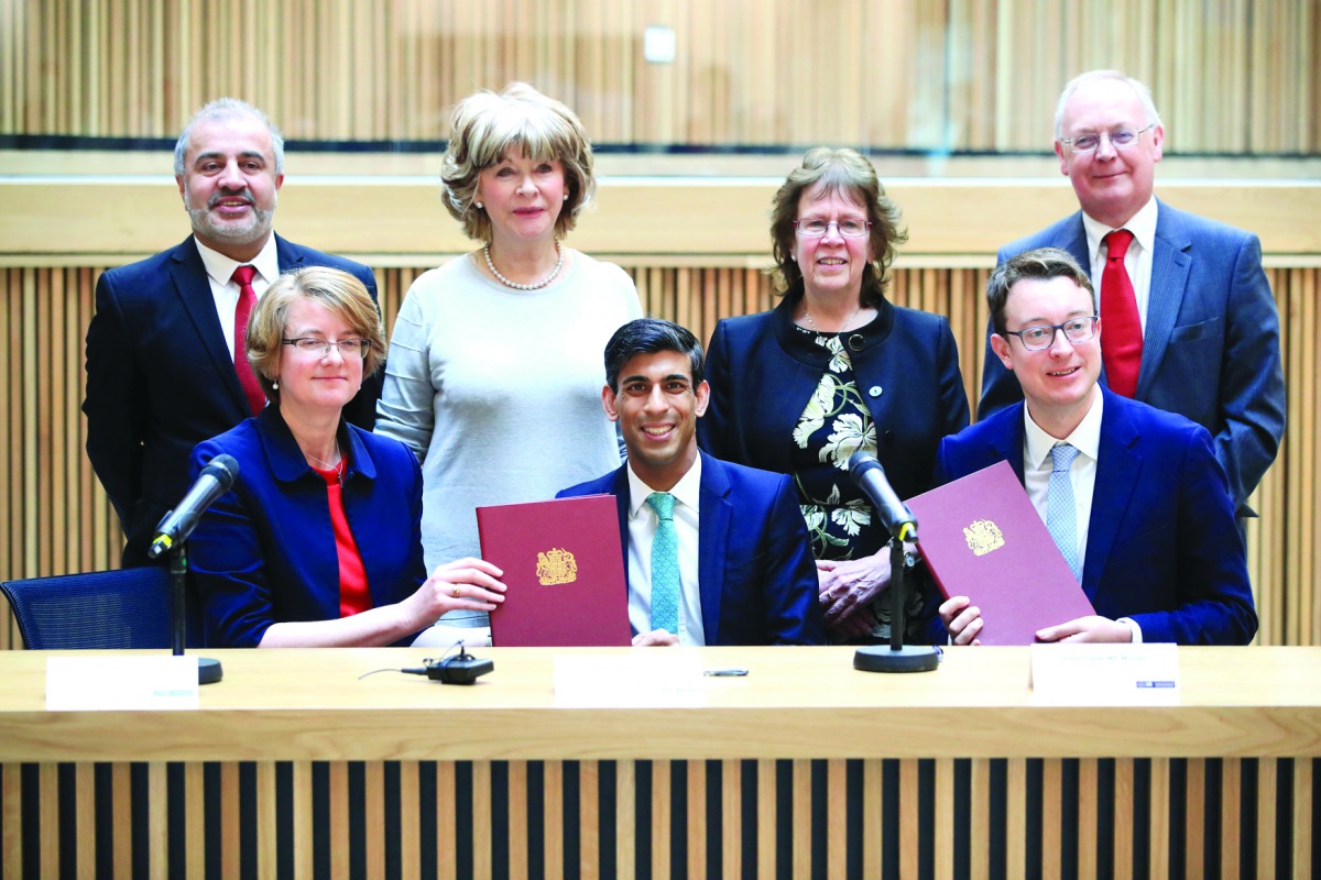 Leeds Britain's Chancellor of the Exchequer Rishi Sunak is pictured with Councillors Shabir Pandor, Denise Jeffery, Judith Blake, Tim Swift, Susan Hinchcliffe, and Simon Clarke MP following the signing of the West Yorkshire Combined Authority devolution, 